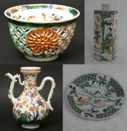 Kangxi famille verte porcelain, double-layer tea bowl with outer reticulated, hexagonal jar, plate with eight horses of Mu Wang and Islamic style ewer - courtesy R&G McPherson Antiques and Glade Antiques